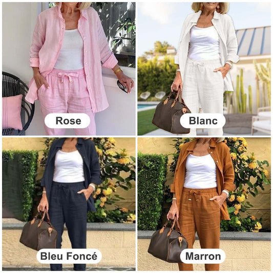 💖Damska bawełniana lniana bluzka z długim rękawem i spodnie