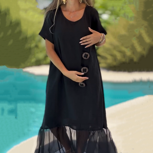 🌸Damska czarna zwiewna sukienka maxi z krótkim rękawem