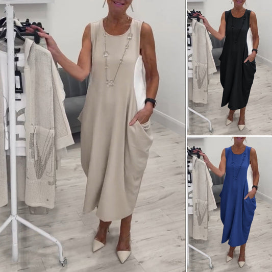 Prosta sukienka bez rękawów z kieszeniami