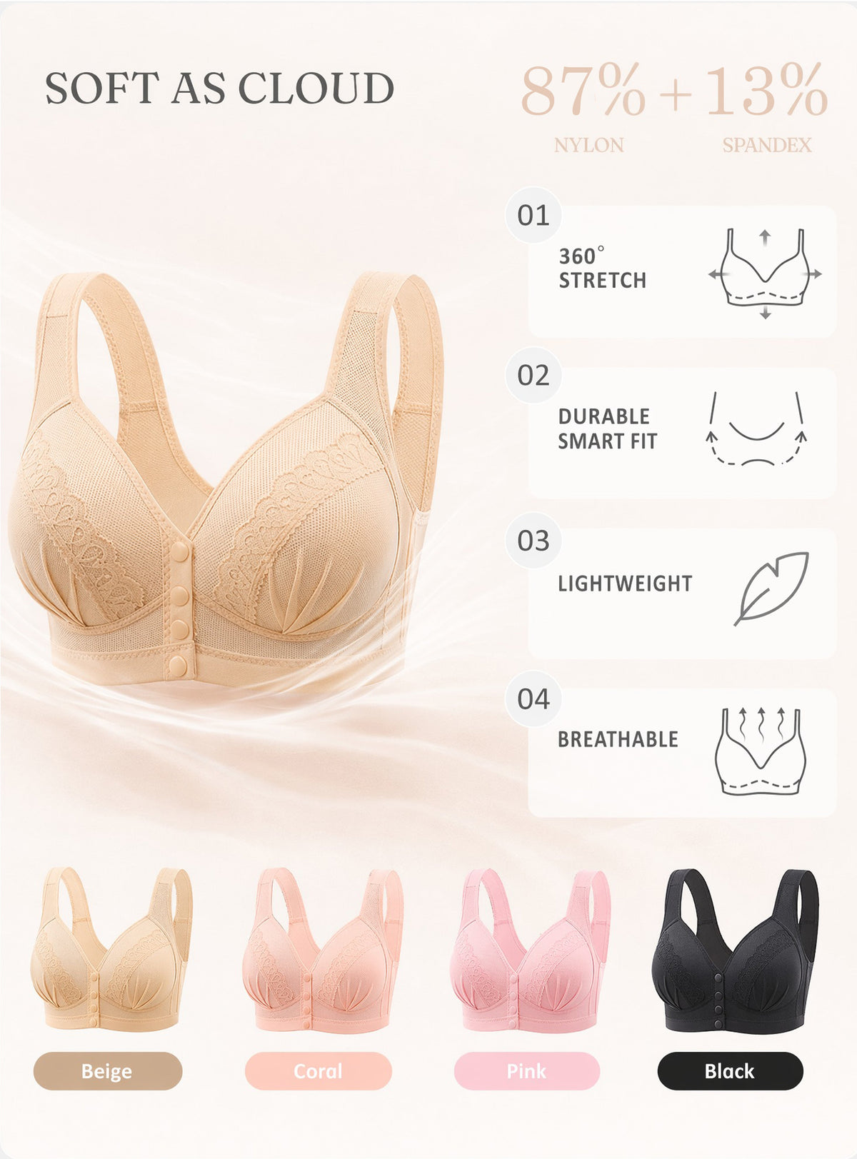 💥👙SISTA DAGEN REA - KÖP 1 FÅ 1 GRATIS!!💘CloudComfort Frontknäppt Bomullsbh – Andningsbar • Bygelös • Stöd Hela Dagen • Icke Vadderad & Hudvänlig🌿-23