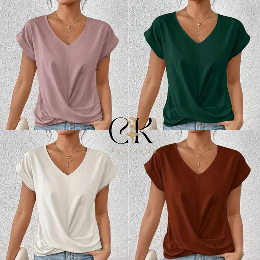 👚 50% RABATT! 💃 Elegant Kortärmad T-shirt med Vriden V-ringning – Mjukt Tyg, Figursydd Silhuett & Perfekt För En Stilren Vardagslook 🌸-6