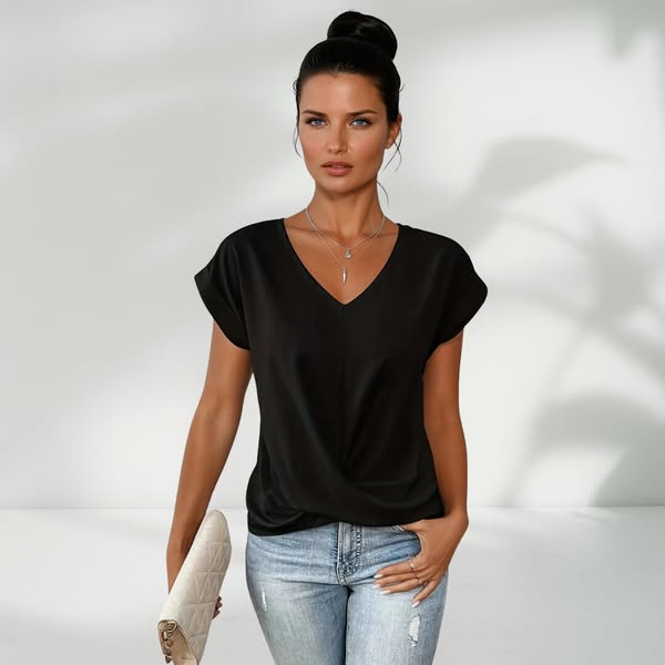 👚 50% RABATT! 💃 Elegant Kortärmad T-shirt med Vriden V-ringning – Mjukt Tyg, Figursydd Silhuett & Perfekt För En Stilren Vardagslook 🌸-5