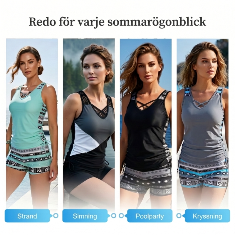 🏊‍♀️ 50% RABATT NU! 👙 Tvådelad tankini – justerbar sidorynking, pojkshorts & korsad V-ringning – perfekt för stranden 👙🏖️-6