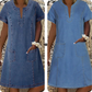 👗 50 % RABATT NU! 🌸Kortärmad denimklänning med V-ringning för dam-15