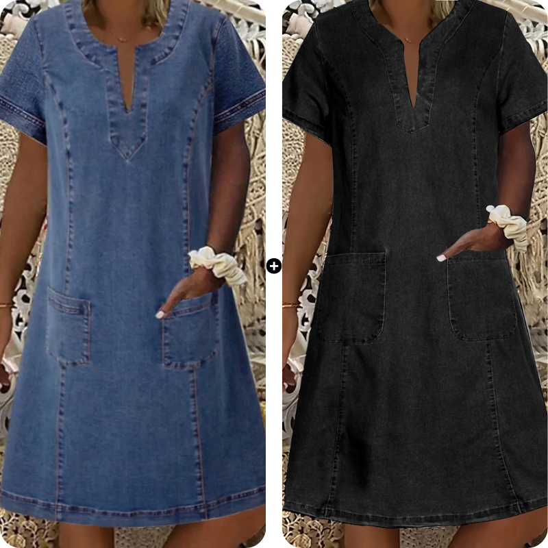 👗 50 % RABATT NU! 🌸Kortärmad denimklänning med V-ringning för dam-14