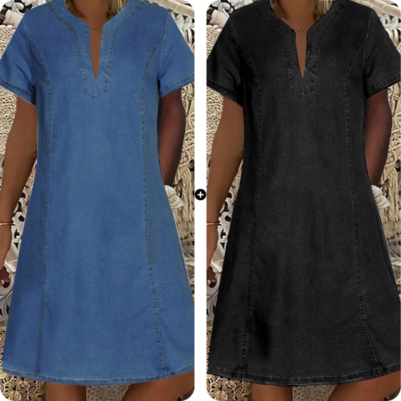 👗 50 % RABATT NU! 🌸Kortärmad denimklänning med V-ringning för dam-17
