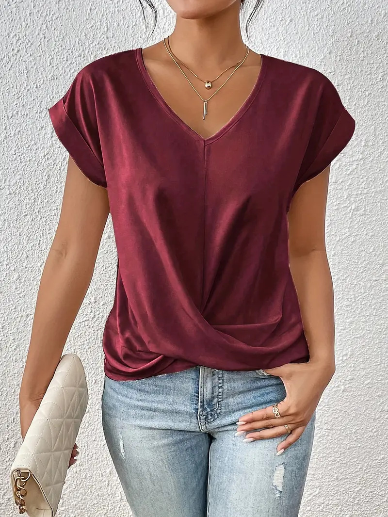 👚 50% RABATT! 💃 Elegant Kortärmad T-shirt med Vriden V-ringning – Mjukt Tyg, Figursydd Silhuett & Perfekt För En Stilren Vardagslook 🌸-8