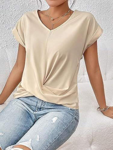 👚 50% RABATT! 💃 Elegant Kortärmad T-shirt med Vriden V-ringning – Mjukt Tyg, Figursydd Silhuett & Perfekt För En Stilren Vardagslook 🌸-7