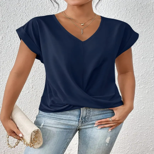 👚 50% RABATT! 💃 Elegant Kortärmad T-shirt med Vriden V-ringning – Mjukt Tyg, Figursydd Silhuett & Perfekt För En Stilren Vardagslook 🌸-9