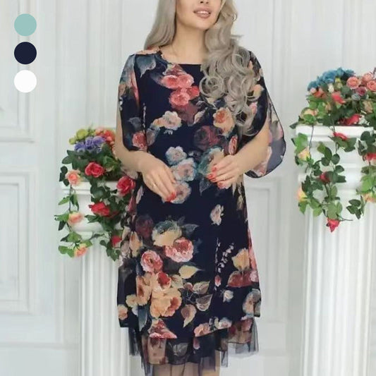 Elegancka luźna sukienka damska z nadrukiem róży