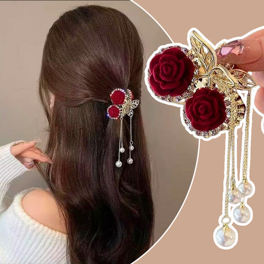 🌹Elegancka aksamitna różana spinka do włosów z perłami