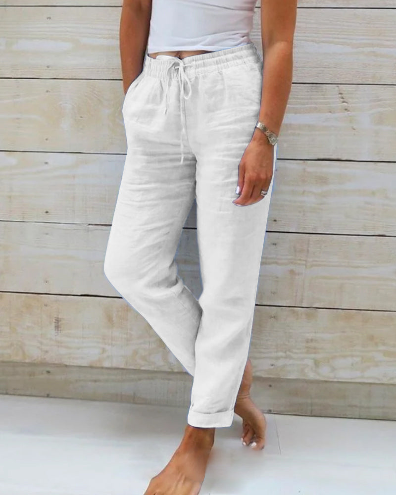 🔥50 % RABATT IDAG! 🌸Dambyxor i bomullslinen med elastisk midja ✨Luftiga, ledig passform och lätt sommarstil-3