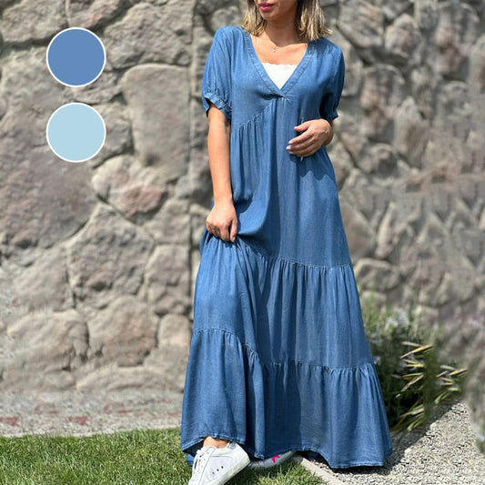 Luźna sukienka jeansowa z dekoltem w szpic