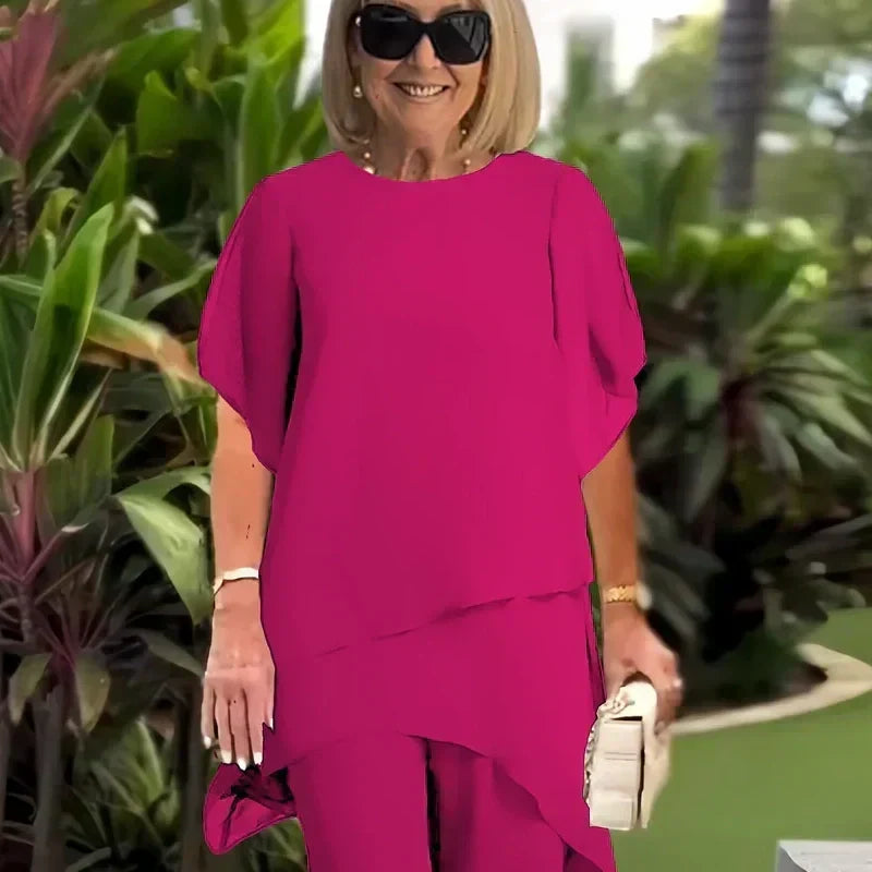 ✨Charmigt set med oregelbunden topp 👗 Elegant set med vida byxor – Bekväma och perfekta för våren-5