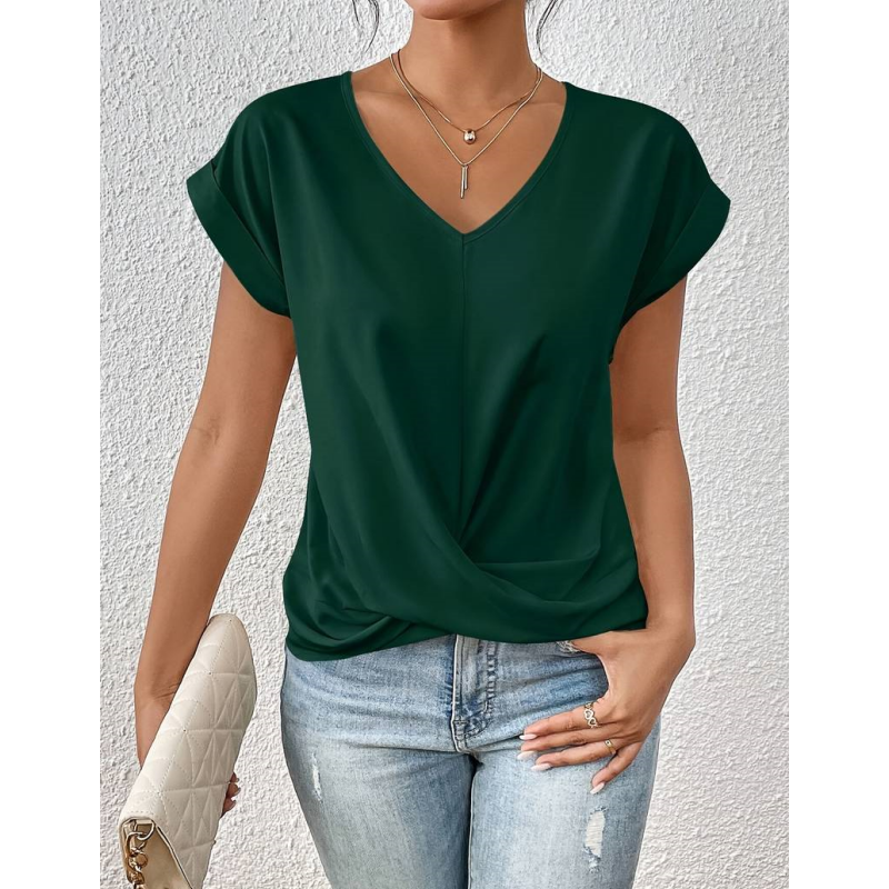👚 50% RABATT! 💃 Elegant Kortärmad T-shirt med Vriden V-ringning – Mjukt Tyg, Figursydd Silhuett & Perfekt För En Stilren Vardagslook 🌸-1