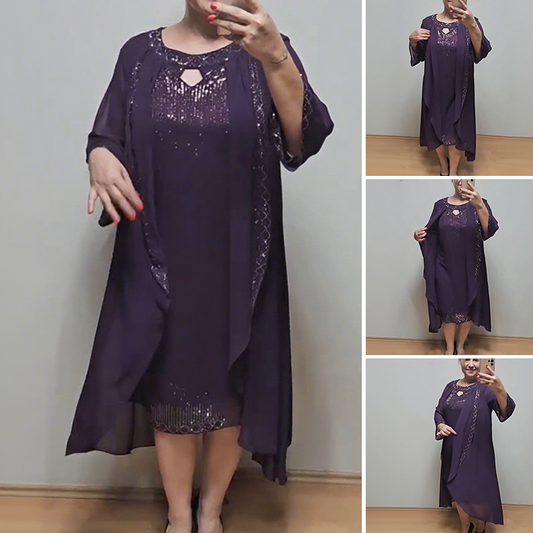 Elegancka, zwiewna sukienka damska z cekinami i stójką, dwuczęściowa