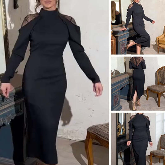 Elegancka sukienka midi z koronką z tyłu i stójką dla kobiet