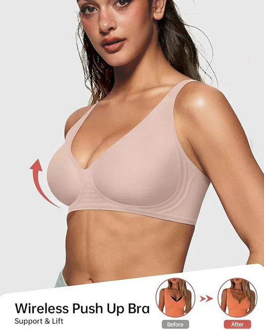🎁🔥Bekväma trådlösa BH:ar för kvinnor Push-up-BH:ar Sömlösa T-shirt-BH:ar BH:ar med djup V-ringning för vardagsbruk