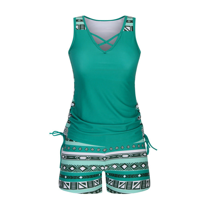 🏊‍♀️ 50% RABATT NU! 👙 Tvådelad tankini – justerbar sidorynking, pojkshorts & korsad V-ringning – perfekt för stranden 👙🏖️-11