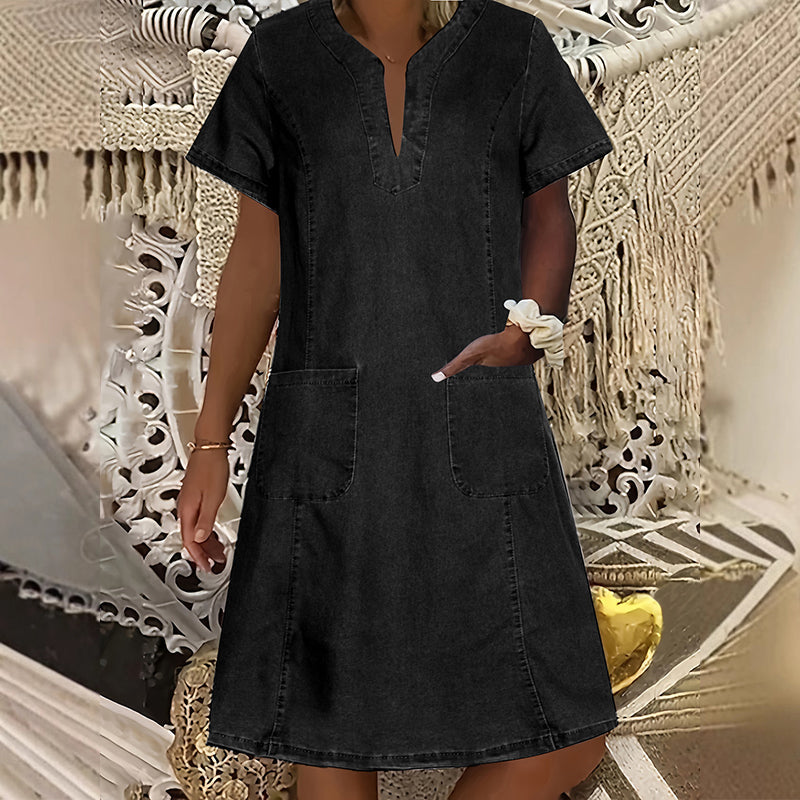 👗 50 % RABATT NU! 🌸Kortärmad denimklänning med V-ringning för dam-10
