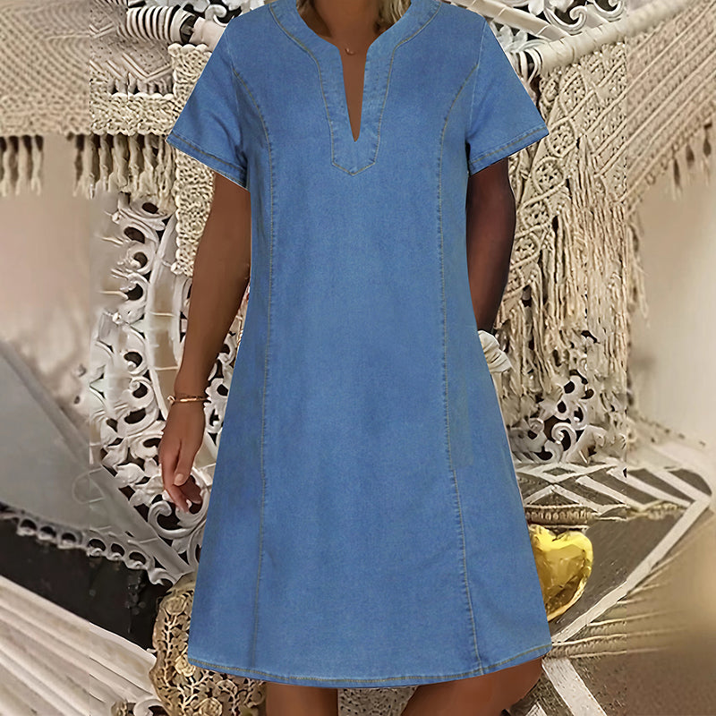 👗 50 % RABATT NU! 🌸Kortärmad denimklänning med V-ringning för dam-12