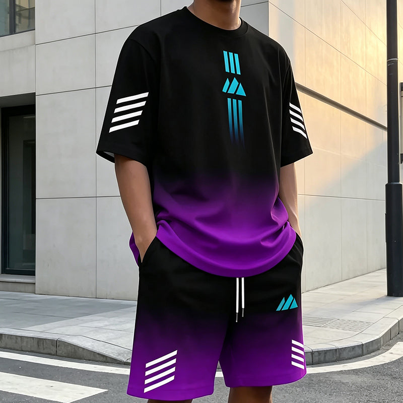 👕🌊 Tvådelat Set med Sommar-T-shirt & Shorts för Män – Gradientmönster & Andande Tyg – Perfekt för Streetwear, Sport & Vardag ☀️-1