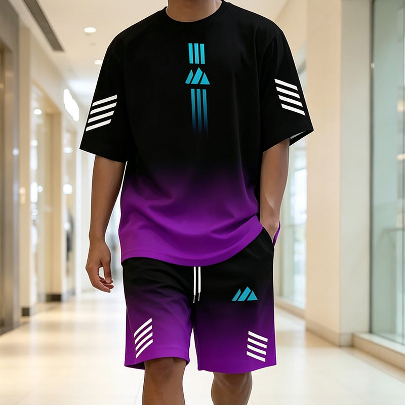 👕🌊 Tvådelat Set med Sommar-T-shirt & Shorts för Män – Gradientmönster & Andande Tyg – Perfekt för Streetwear, Sport & Vardag ☀️-2