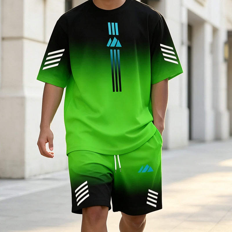 👕🌊 Tvådelat Set med Sommar-T-shirt & Shorts för Män – Gradientmönster & Andande Tyg – Perfekt för Streetwear, Sport & Vardag ☀️-3