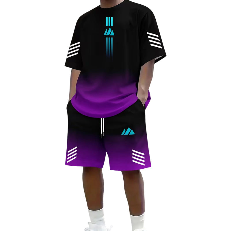 👕🌊 Tvådelat Set med Sommar-T-shirt & Shorts för Män – Gradientmönster & Andande Tyg – Perfekt för Streetwear, Sport & Vardag ☀️-9