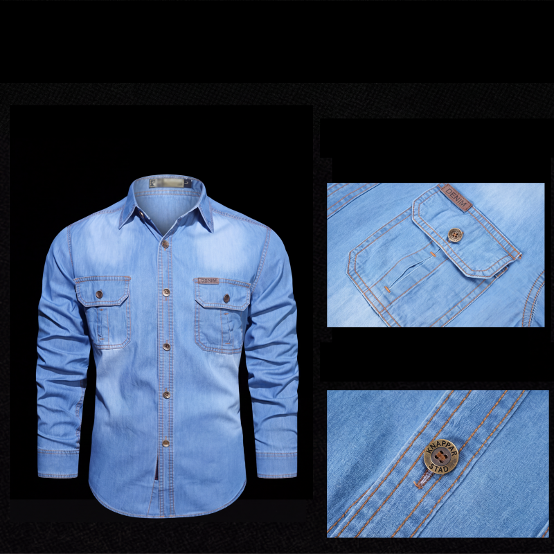 Nyhet✨Herr ledig långärmad denimskjorta-4