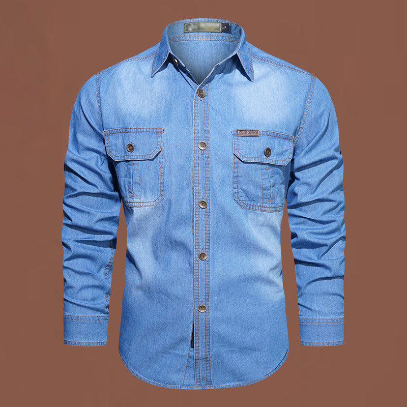 Nyhet✨Herr ledig långärmad denimskjorta-5
