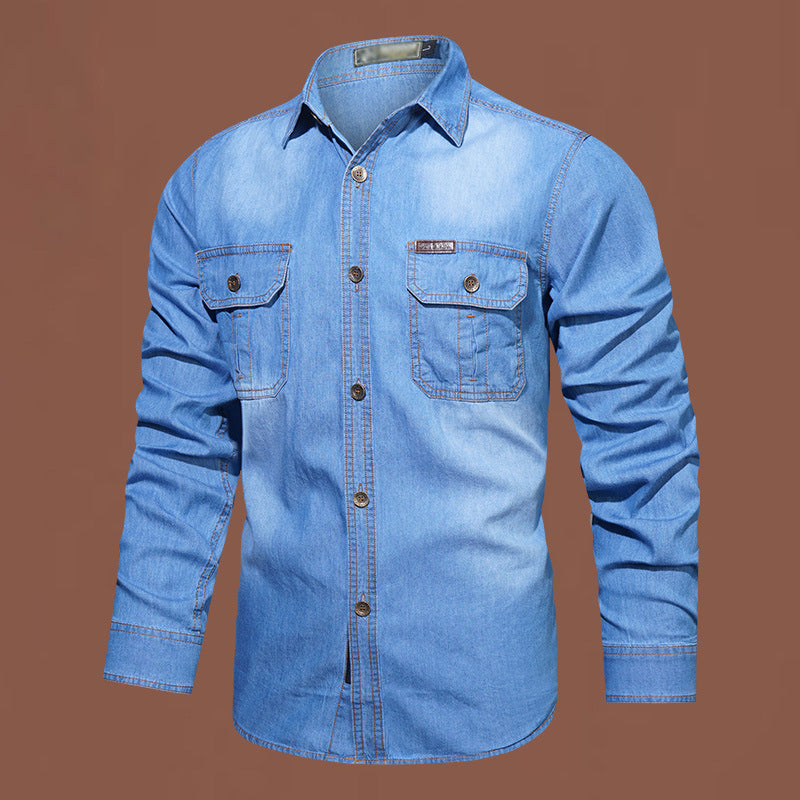 Nyhet✨Herr ledig långärmad denimskjorta-10
