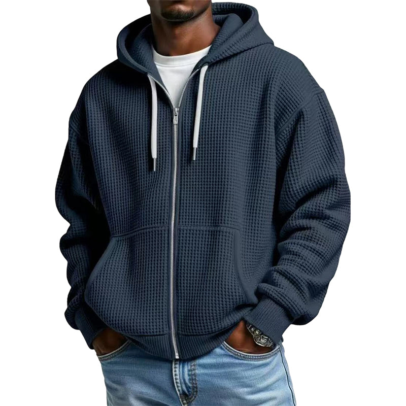 Bästsäljare🔥 🧥 Våffelstickad hoodie med hel dragkedja – oversize-passform för urban streetwear-10