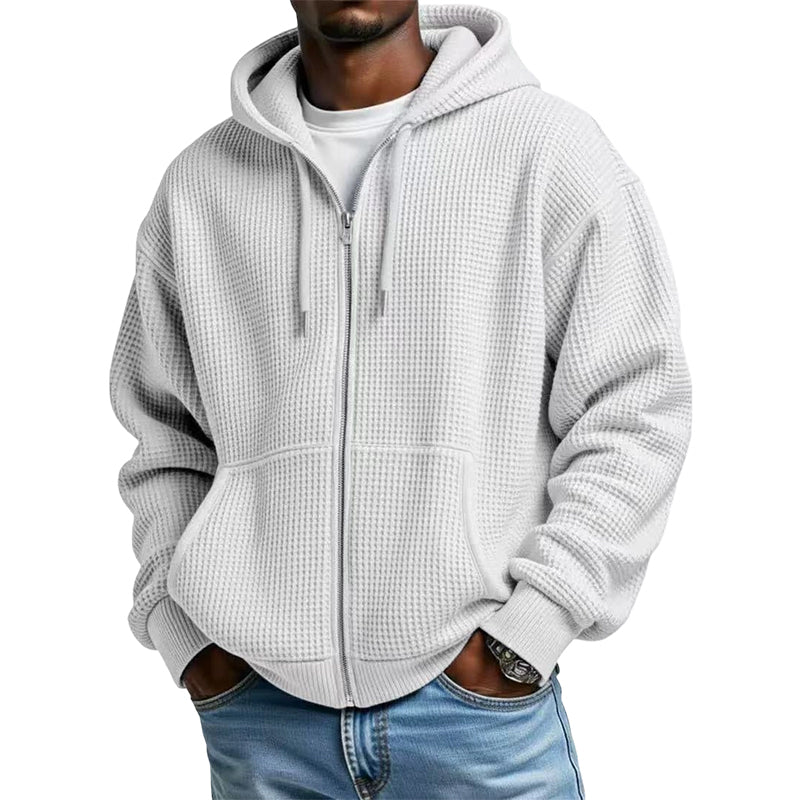 Bästsäljare🔥 🧥 Våffelstickad hoodie med hel dragkedja – oversize-passform för urban streetwear-11
