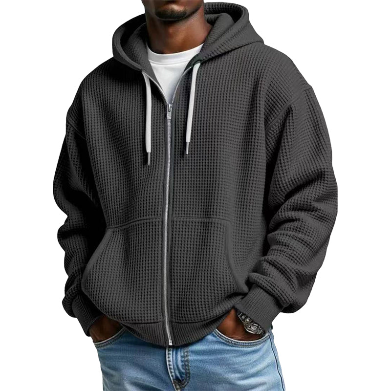 Bästsäljare🔥 🧥 Våffelstickad hoodie med hel dragkedja – oversize-passform för urban streetwear-12