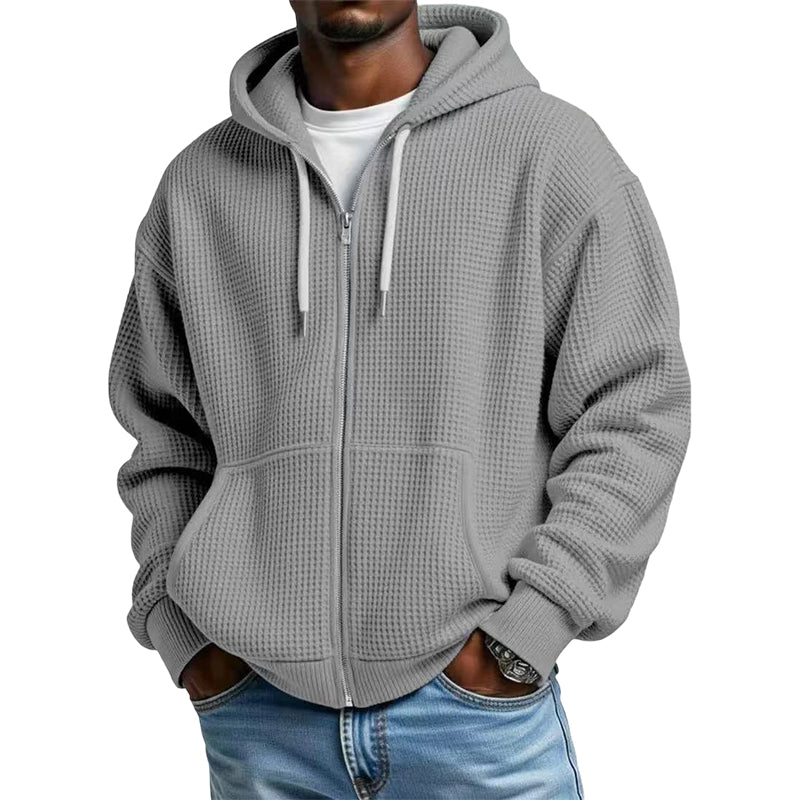 Bästsäljare🔥 🧥 Våffelstickad hoodie med hel dragkedja – oversize-passform för urban streetwear-13