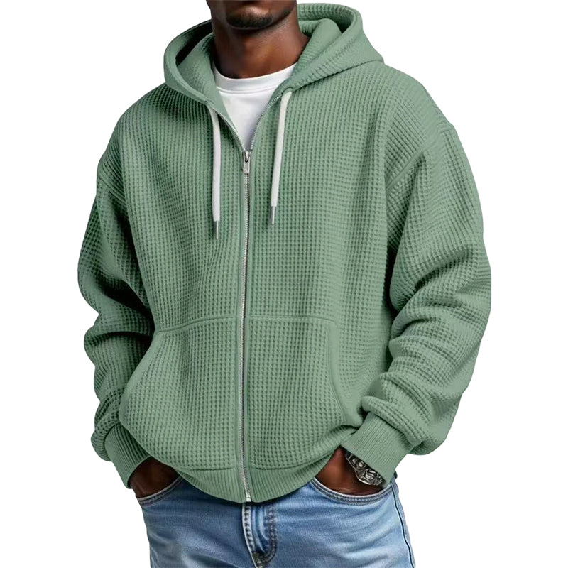 Bästsäljare🔥 🧥 Våffelstickad hoodie med hel dragkedja – oversize-passform för urban streetwear-15