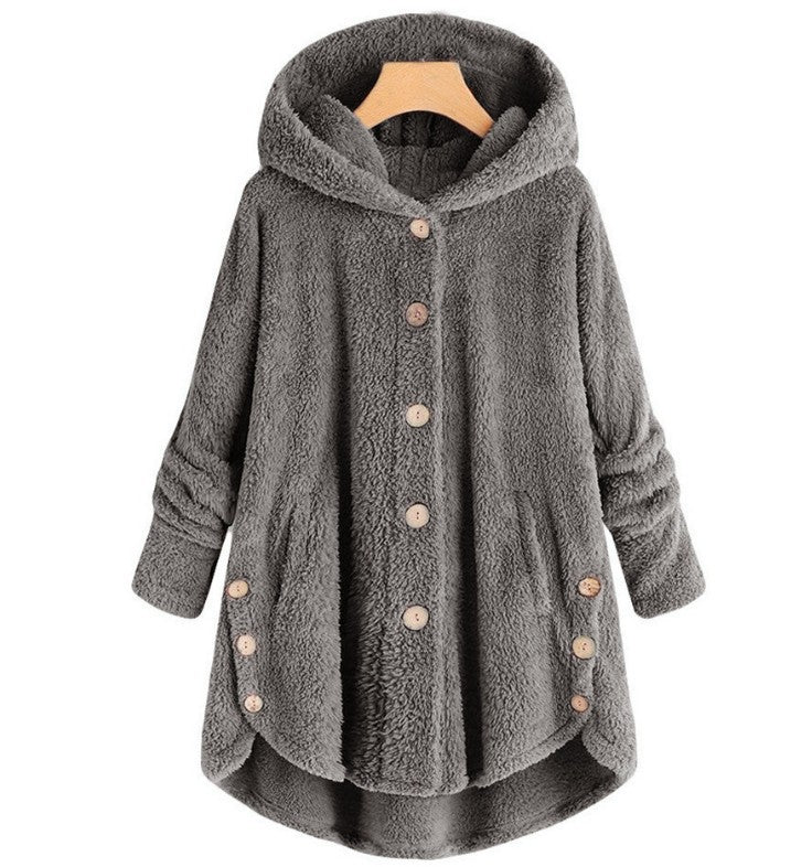 🔥 50% RABATT! Damvinterkjacka i enfärgad asymmetrisk design med knappar och mjuk, plyschig fleece-1