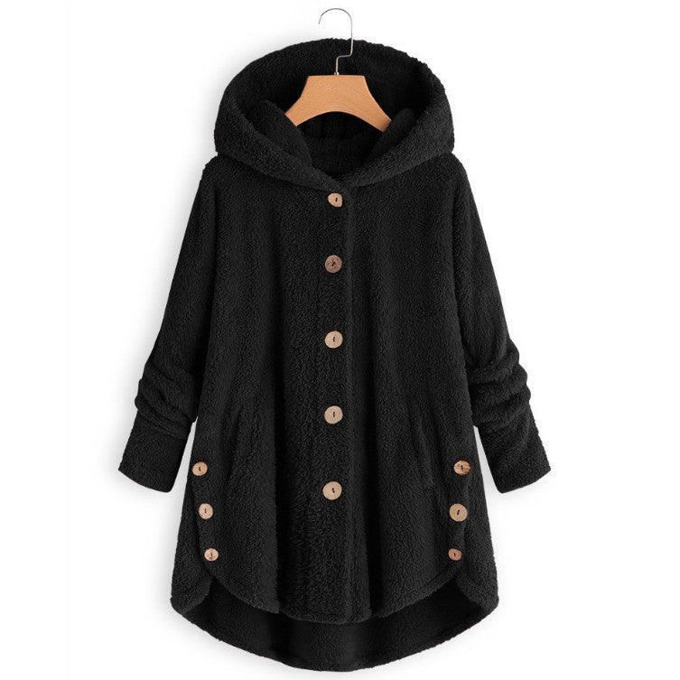 🔥 50% RABATT! Damvinterkjacka i enfärgad asymmetrisk design med knappar och mjuk, plyschig fleece-4
