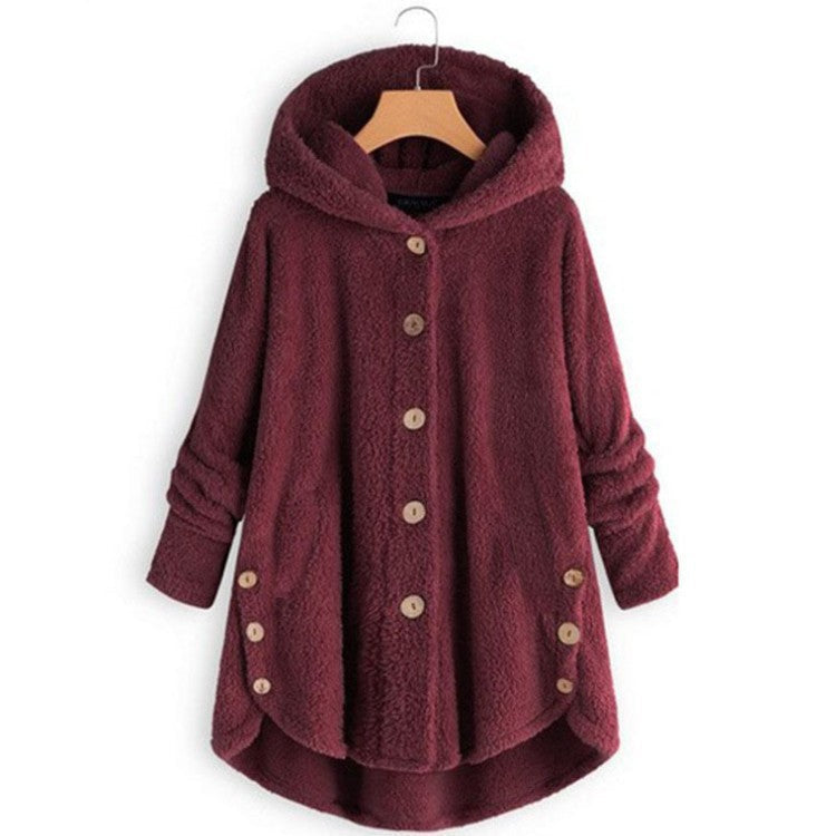 🔥 50% RABATT! Damvinterkjacka i enfärgad asymmetrisk design med knappar och mjuk, plyschig fleece-5