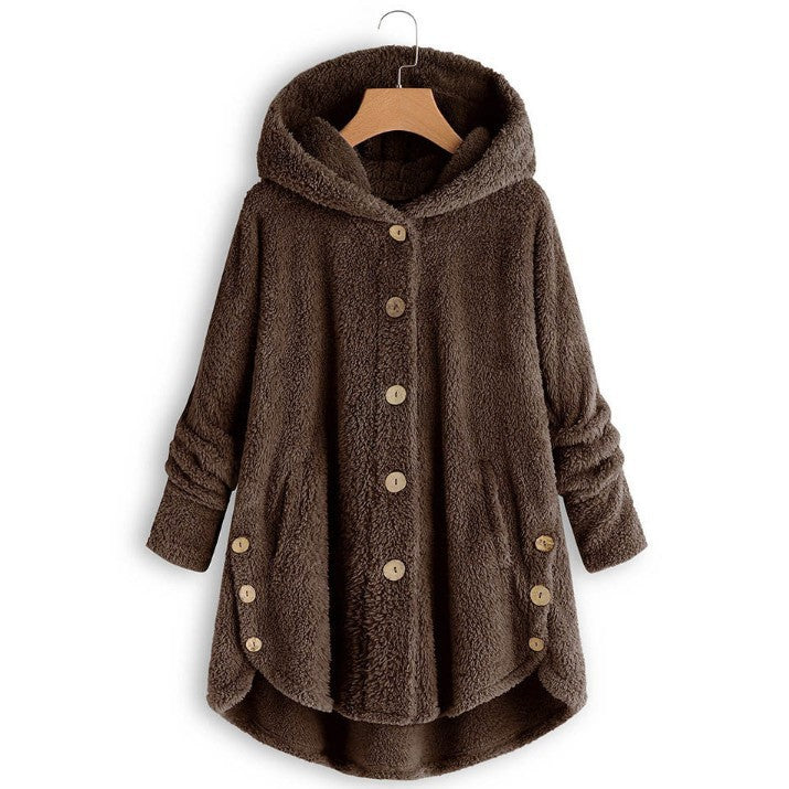 🔥 50% RABATT! Damvinterkjacka i enfärgad asymmetrisk design med knappar och mjuk, plyschig fleece-6