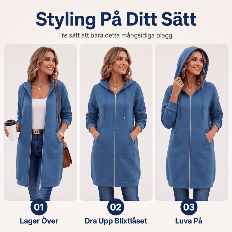 🧥Medellång huvtröja för kvinnor, ledig kofta med dragkedja och fickor-2