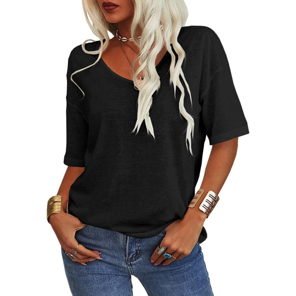 Enfärgad V-ringad T-shirt för dam-1