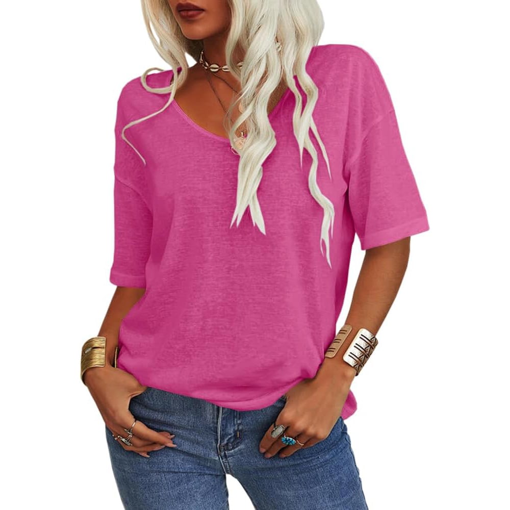 Enfärgad V-ringad T-shirt för dam-4