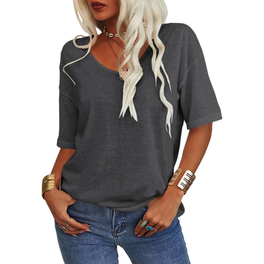 Enfärgad V-ringad T-shirt för dam-3