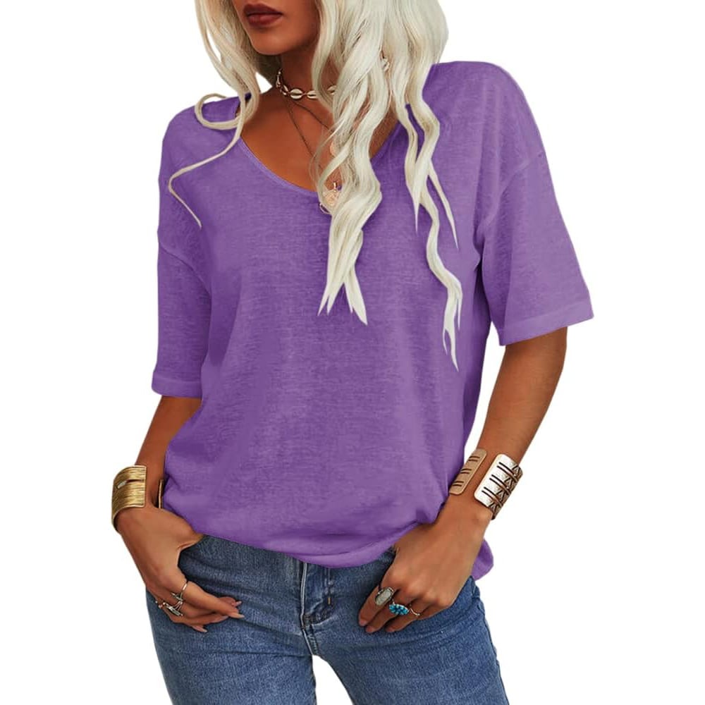 Enfärgad V-ringad T-shirt för dam-7