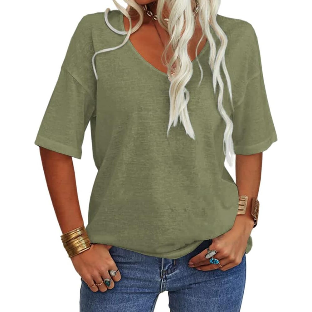 Enfärgad V-ringad T-shirt för dam-9