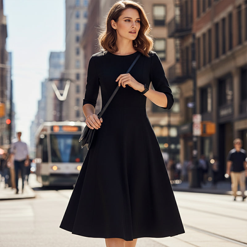 Elegant A-Line Knit Dress with Crew Neck-5