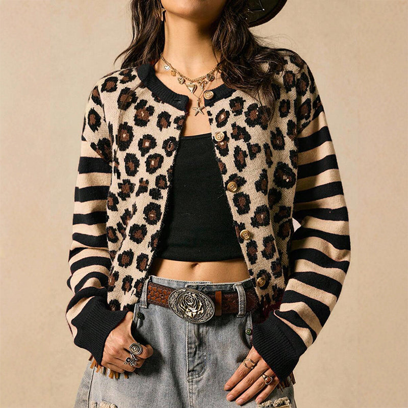 Tidlös Stickad Cardigan Dam – Mjuk Kofta med Elegant Leopardmönster-4