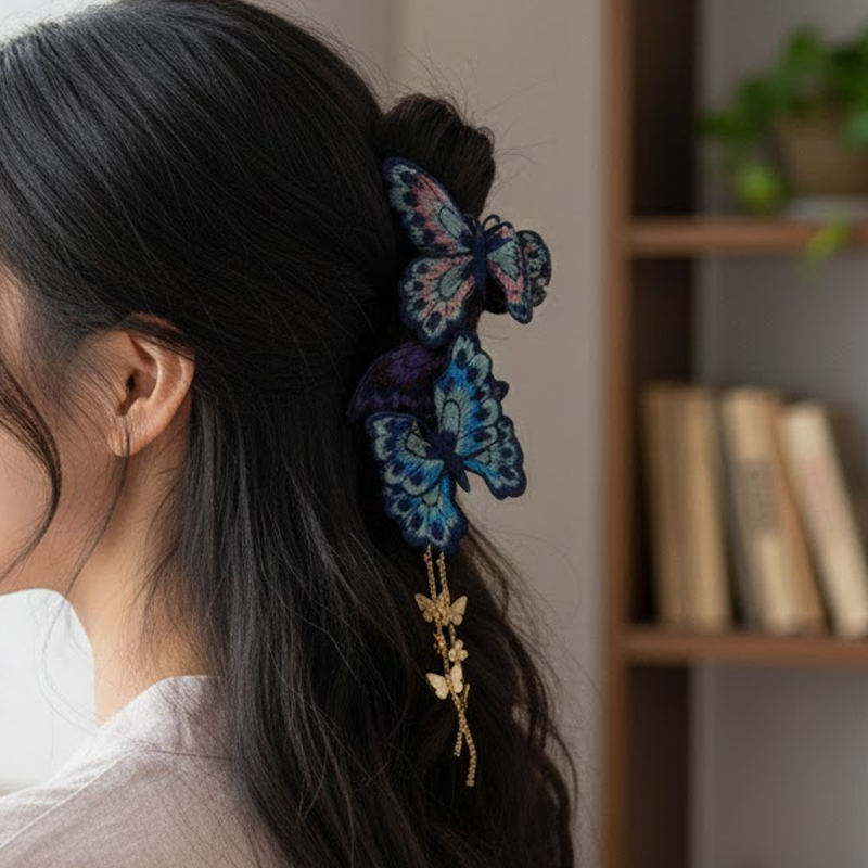 🎅 Exclusief Sinterklaasvoordeel!50% KORTING✨ Exclusief Elegante Vintage Vlinder Haarclip – Borduurde Details & Dansende Bedeltjes (Uniek Gracieus Kapsel Accessoire voor Onvergetelijke Stijl!)-2